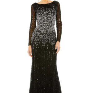 Mac Duggal Black Silver Sequin Embellished Long Sleeve A-Line Gown